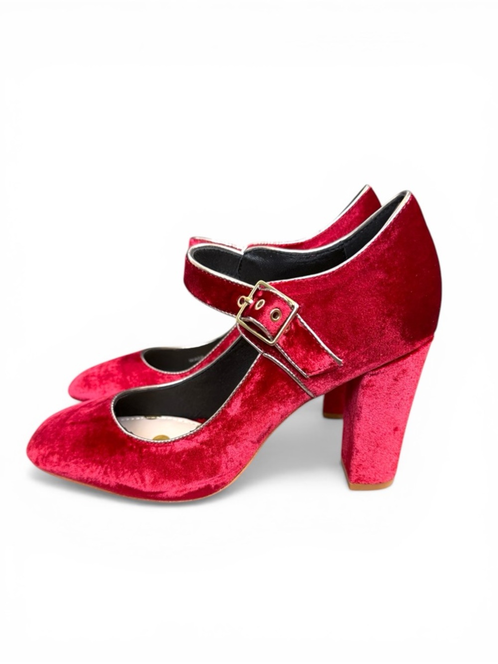 Boden Red Velvet Mary Jane Block Heels with Buckle Strap - Picture 3 of 8